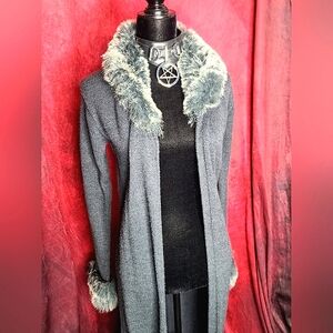 Floor length fur trim cardigan